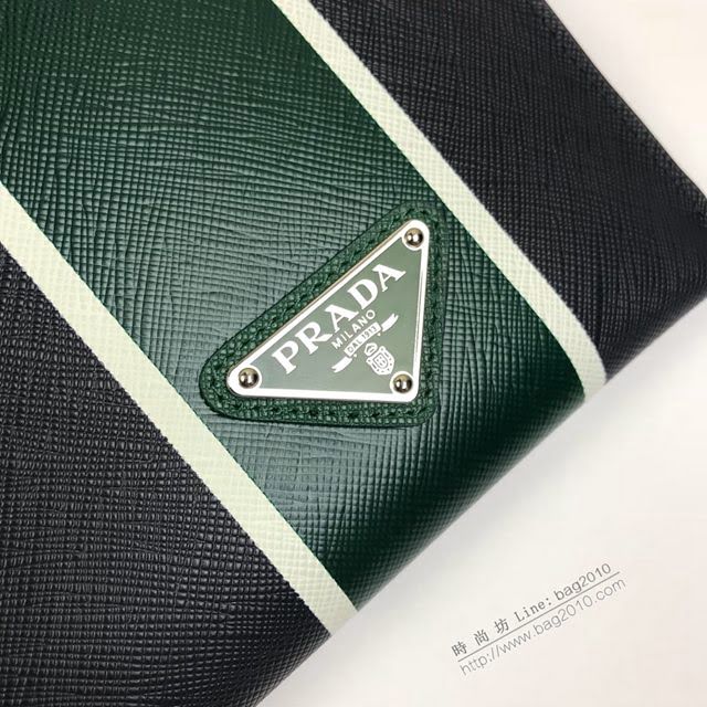 prada手包 普拉達新款皮革手拿包 2NH005 PRADA十字紋牛皮黑+綠手拿包  pyd2244